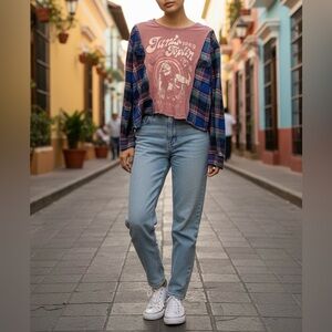 Rework Upcycle Grunge Oversize Crop Janis Joplin Flannel Top S/M